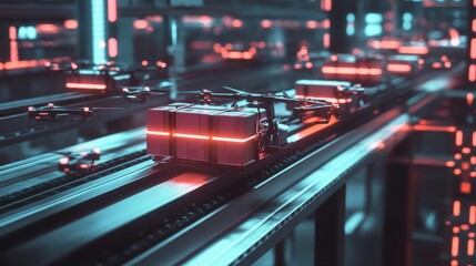 Poster - Futuristic conveyor belt system with glowing packages being sorted by drones