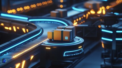 Poster - Futuristic conveyor belt system with glowing packages being sorted by drones