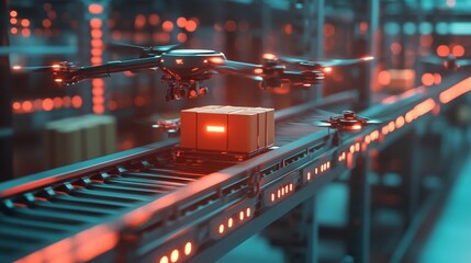 Poster - Futuristic conveyor belt system with glowing packages being sorted by drones
