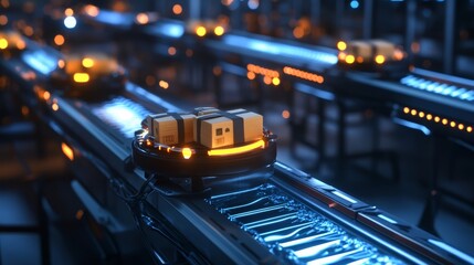 Poster - Futuristic conveyor belt system with glowing packages being sorted by drones