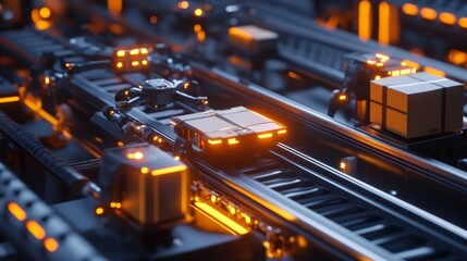 Poster - Futuristic conveyor belt system with glowing packages being sorted by drones