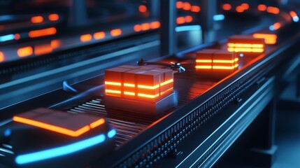 Poster - Futuristic conveyor belt system with glowing packages being sorted by drones