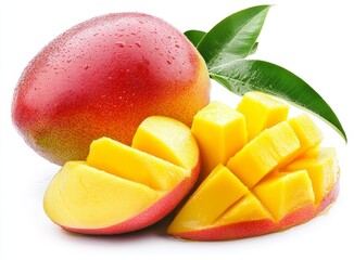 Poster - Ripe red mango with sliced pieces and leaves isolated on white.