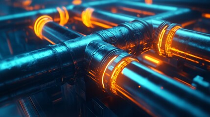 Poster - Advanced industrial pipeline network transporting liquid energy through glowing transparent tubes