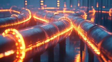Poster - Advanced industrial pipeline network transporting liquid energy through glowing transparent tubes