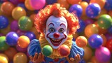 Happy clown juggling colorful balls in a ball pit.