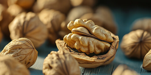 Walnuts resting on a wooden surface with an open walnut showing the nut inside