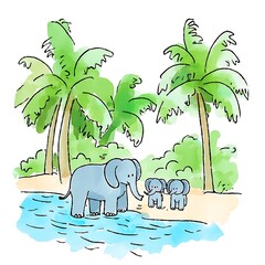 watercolor illustration of a mother elephant and her two baby elephants by a tropical beach.
