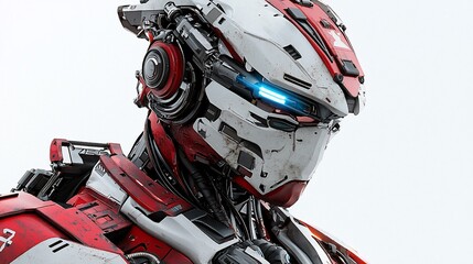 Poster - Close-up of a futuristic red and white robot's head.