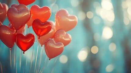 Canvas Print - Red and pink heart-shaped balloons against a blurred teal background.