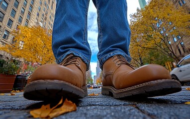 Poster - Low angle view of tan work boots on city street in autumn.