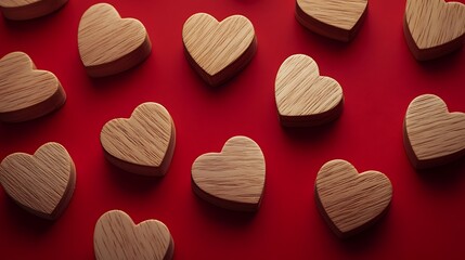 Canvas Print - Wooden hearts arranged on red background.