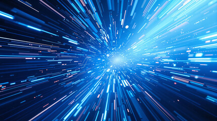 Abstract depiction of a hyperspace jump with bright blue light streaks, conveying speed and motion. Great for sci-fi, technology, and futuristic visuals.

