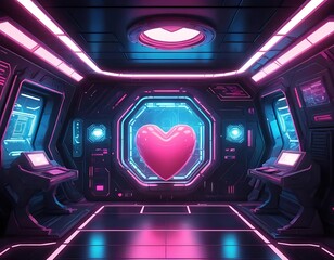 Poster - Futuristic Room Neon Lights Pink Heart Display
