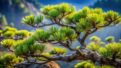 Lush Green Pine Tree Branch in Sunlight, Detailed Close-Up Showing Needle Texture and Branch Structure