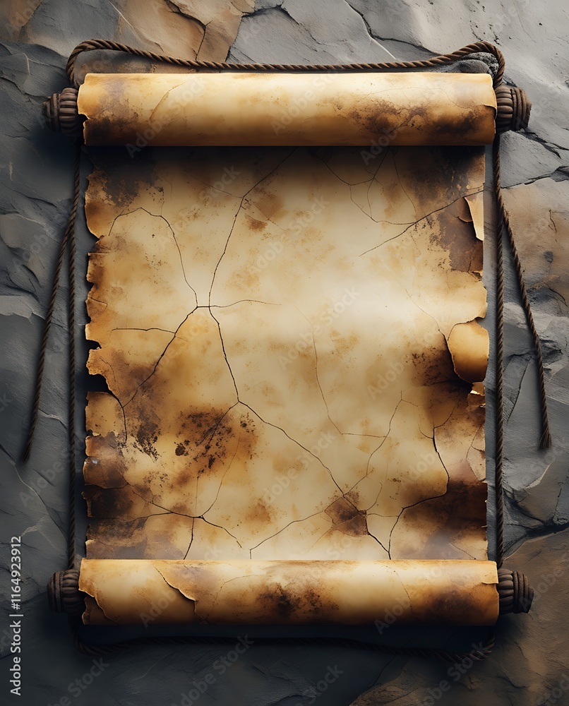 Ancient scroll on weathered stone background with aged parchment ...
