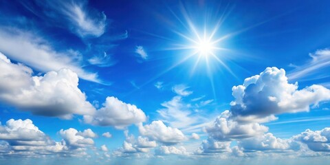 sunny day with a clear blue sky and white fluffy clouds floating gently in the air , cloudy sky, sun