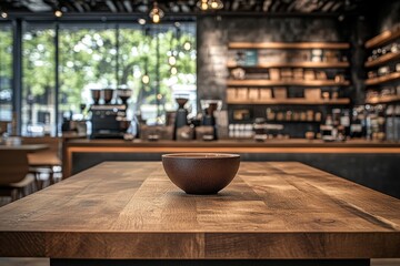 Poster - Empty bowl on wooden table in modern coffee shop.