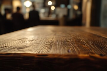 Poster - Rustic wooden table in a blurred cafe background.