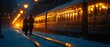 © ธนากร บัวพรหม - Couple walking hand-in-hand along snowy train tracks under glowing lights at night.