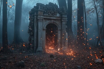 Canvas Print - Ancient Stone Archway Burning in a Misty Forest