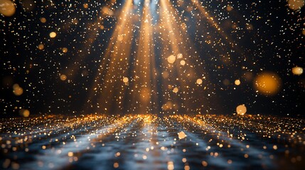 Aufkleber - Golden glitter particles illuminated by spotlights on dark background.