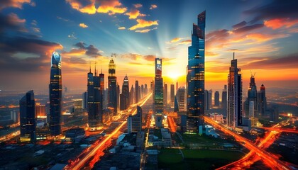 Poster - Dynamic urban sunset business district abstract business visuals cityscape aerial view inspiring concepts for modern enterprises