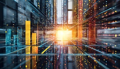 Poster - Dynamic abstract business visualization with data charts urban office environment digital graphs perspective viewpoint innovation concept