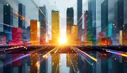 Poster - Dynamic abstract business skyline urban cityscape digital art futuristic environment wide angle view innovation concept with vibrant colors and energy