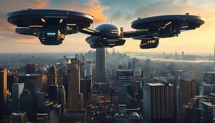 Poster - Futuristic flying vehicles transporting in abstract business landscape over city skyline at sunset aerial viewpoint innovative concepts