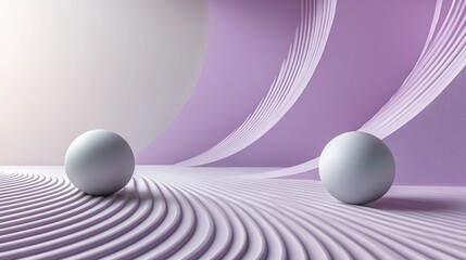 Poster - Abstract purple background with two white spheres on wavy surface.