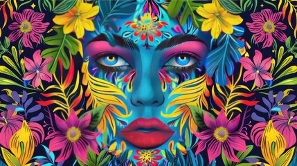  A vibrant, artistic portrait featuring a woman's face adorned with colorful floral patterns.
