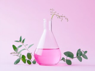 Sticker - A pink liquid in a laboratory flask with greenery against a soft pink background.