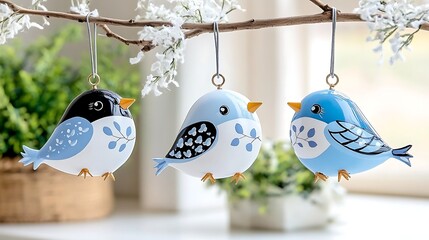 Charming Blue   White Bird Ornaments Hanging on Branch