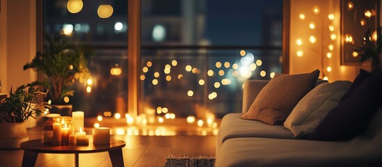 Aufkleber - Warm and Inviting Living Space with Glowing Candles and Decorative Lights Creating a Dreamy Bokeh Atmosphere at Night
