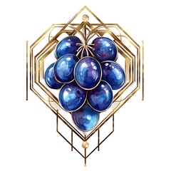 Watercolor illustration of a bunch of blue grapes adorned with a geometric golden frame.