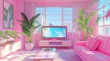 Poster - Pink living room with city view, plants, and TV.