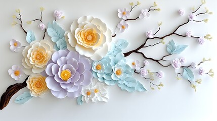 Wall Mural - D Paper Flowers Wall Decor  Pastel Floral Arrangement