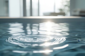 Poster - Water droplet creating ripples in a calm pool, sunlit.