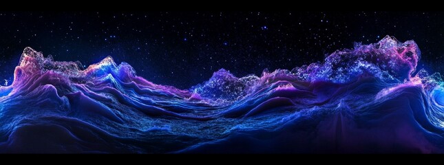Poster - abstract glowing landscape with vibrant purple and blue hues under a starry night sky.