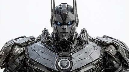 Poster - Close-up of a powerful, dark metallic robot with glowing blue eyes.