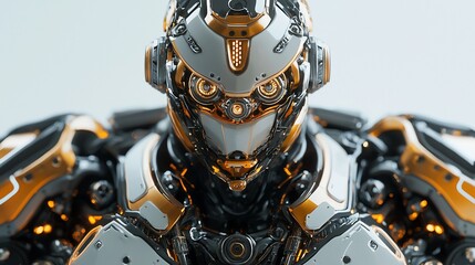 Poster - Futuristic robot, close-up view of its head and torso, detailed metallic design with gold and white accents, glowing eyes.