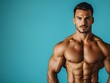 © Nana - A muscular man poses confidently against a blue background, showcasing fitness and strength.