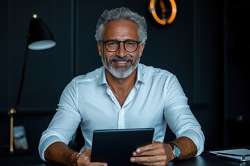 Wall Mural - Confident Indian CEO Smiling While Using Tablet at Desk in Office