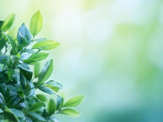 Wall Mural - A close-up of vibrant green leaves against a soft blurred background.