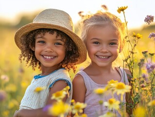 Wall Mural - Two smiling girls in a flower field during sunset, capturing joy and friendship.