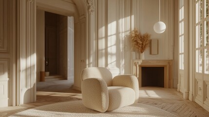 Poster - Sunlit beige armchair in elegant room.