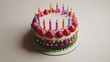 © thongsook - An overhead view of a round birthday cake with minimal decorations displayed on a plain white surface