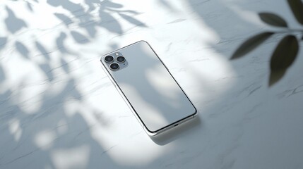 Poster - White smartphone on marble with leaf shadows.