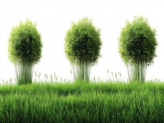 Wall Mural - Three rounded green bushes on a grassy field against a white background.